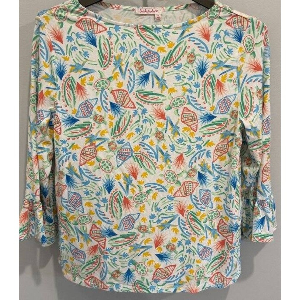 Fresh Produce White Print Turtle Shell Tropical 3/4 Ruffle Sleeve Shirt Size L